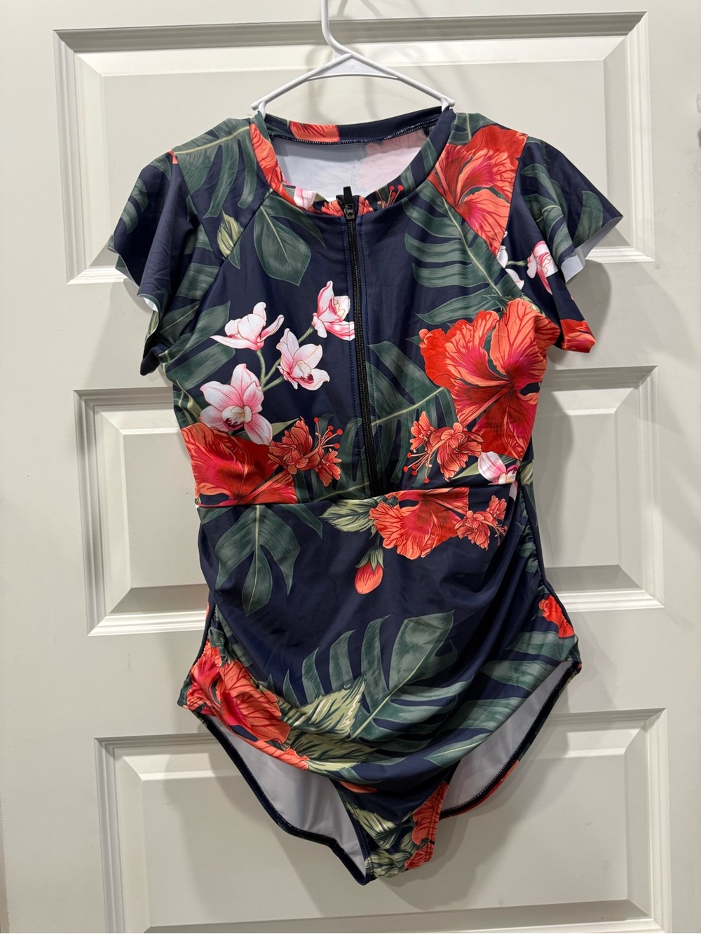 Unlisted Navy Floral Front-Zip Short Sleeve One-Piece